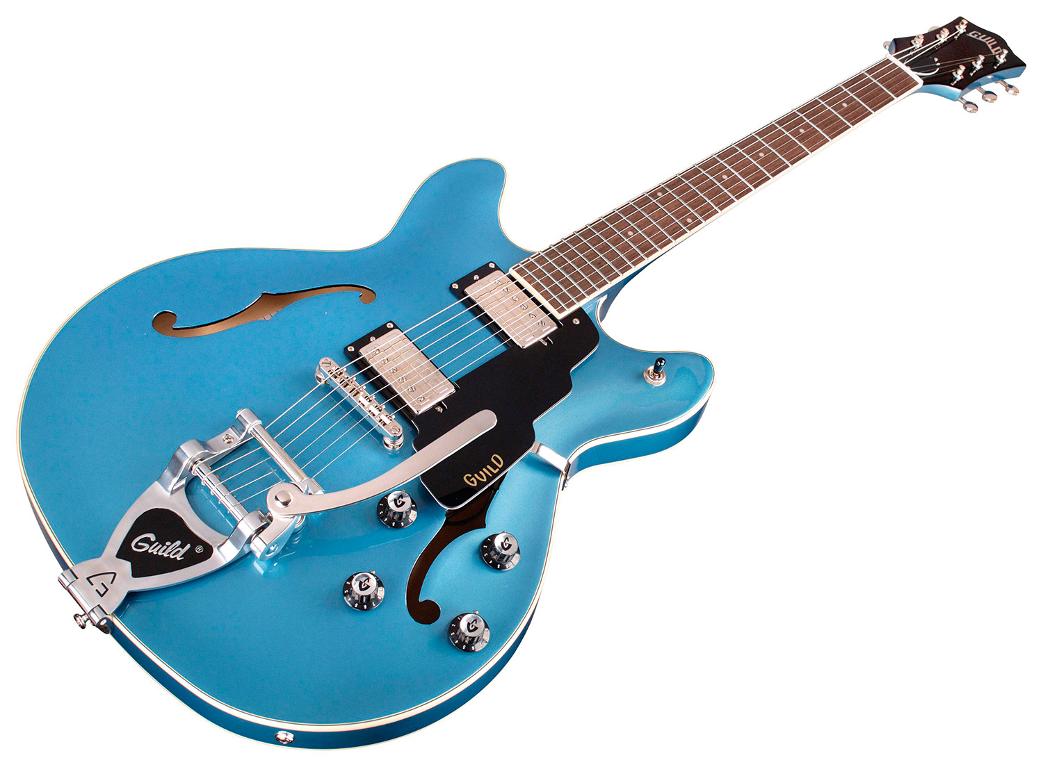 Horizontal front angle view of Starfire I DC Pelham Blue guitar