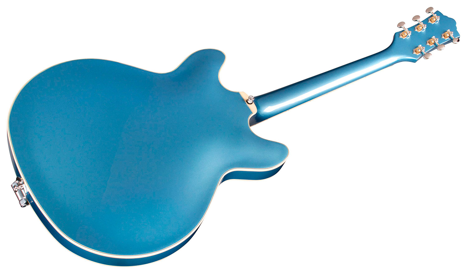 Horizontal back angle view of Starfire I DC Pelham Blue guitar