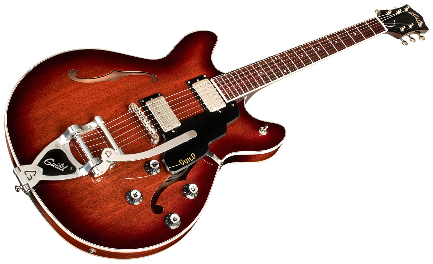 Horizontal front angle view of Starfire I DC California Burst guitar