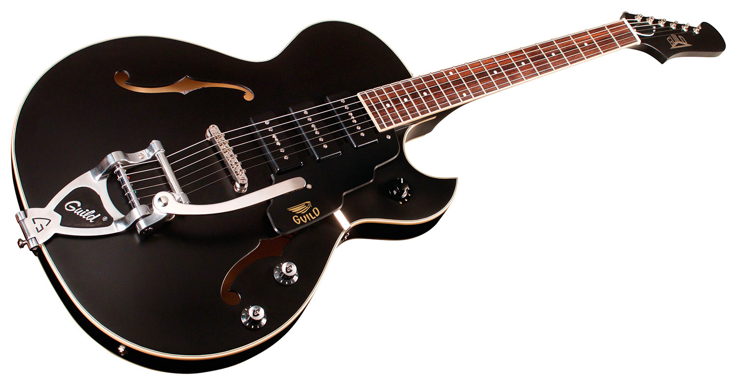 Horizontal front angle view of Starfire I Jet90 Satin Black guitar