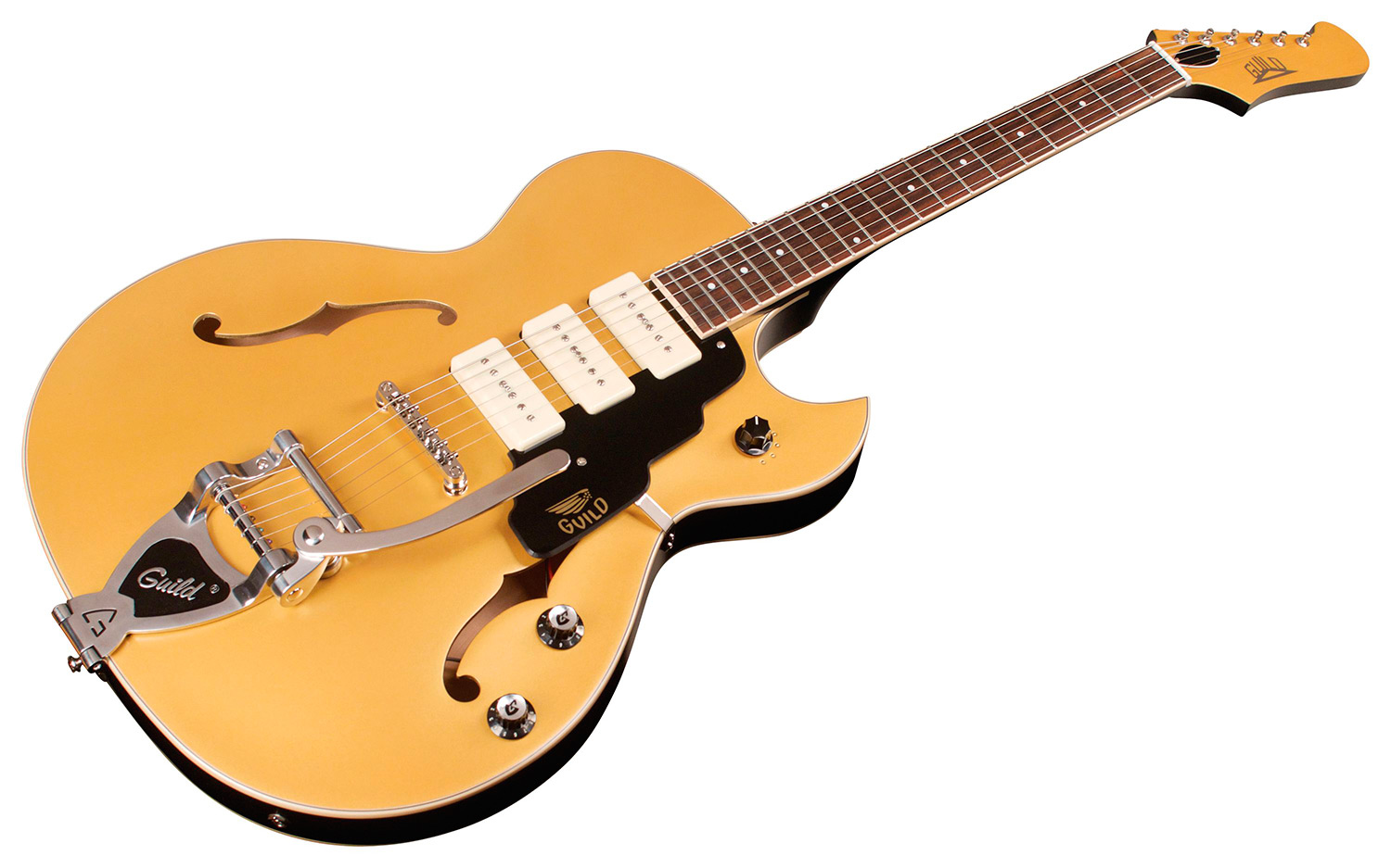 Horizontal front angle view of Starfire I Jet90 Satin Gold guitar
