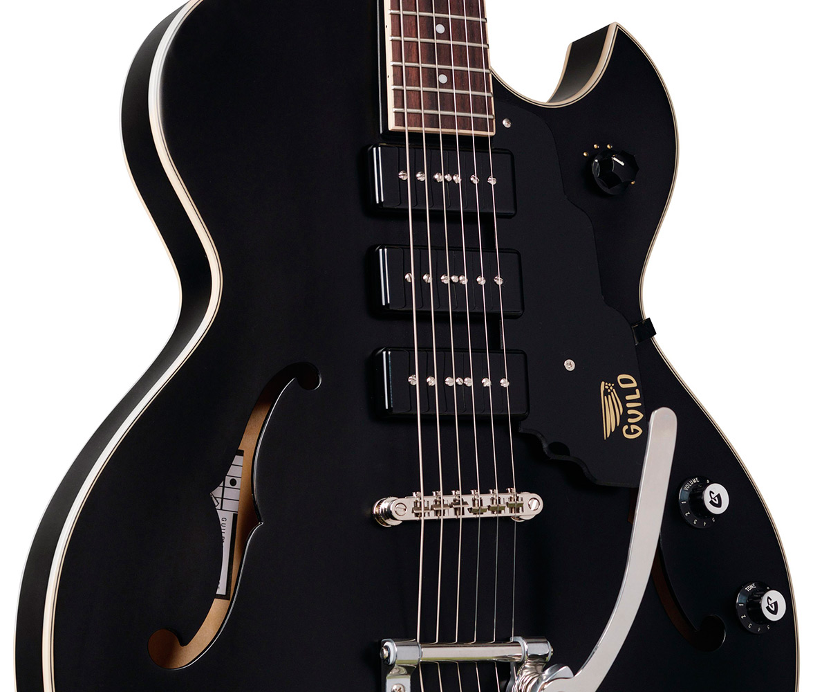 Close up body front view of Starfire I Jet90 Satin Black guitar