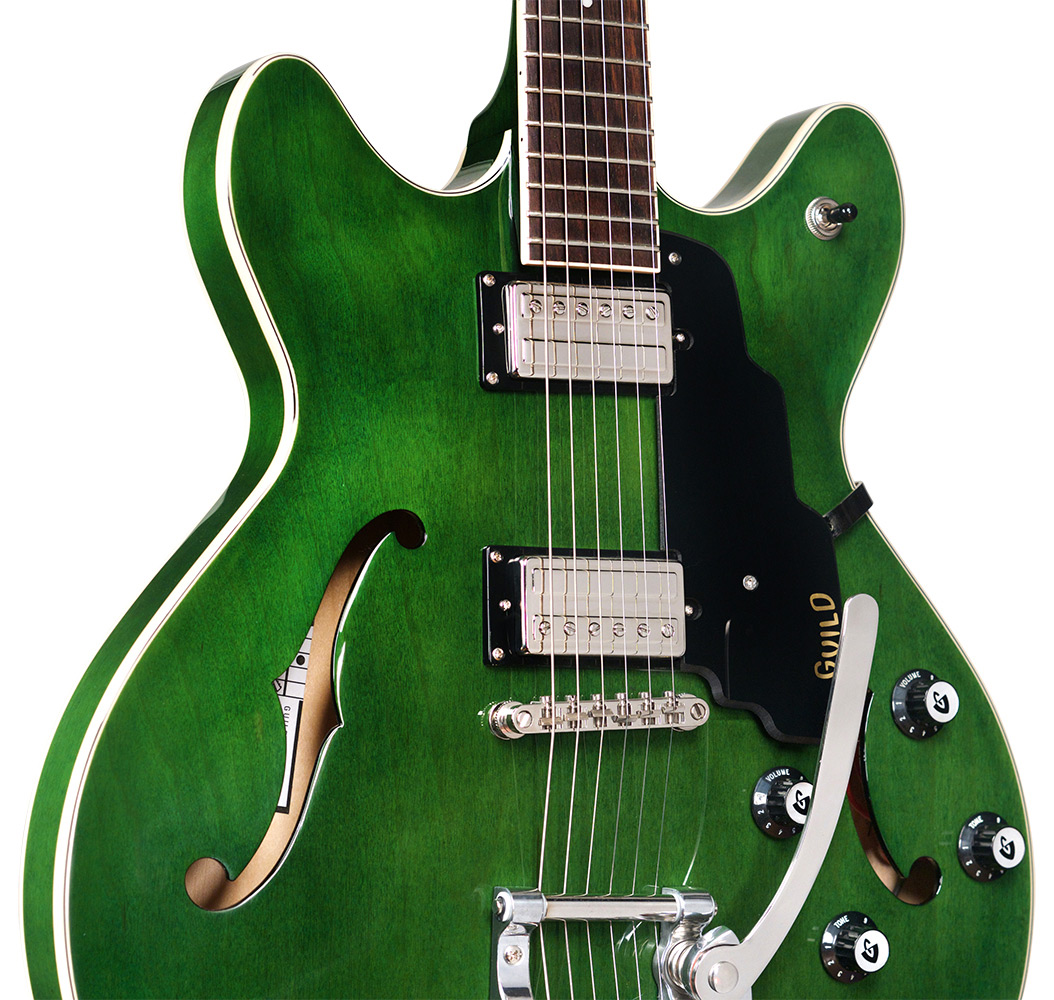 Close up front body view of Starfire I DC Emerald Green guitar