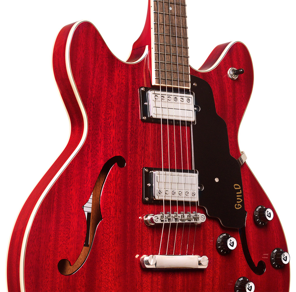 Close up body view of Starfire I DC Cherry Red guitar