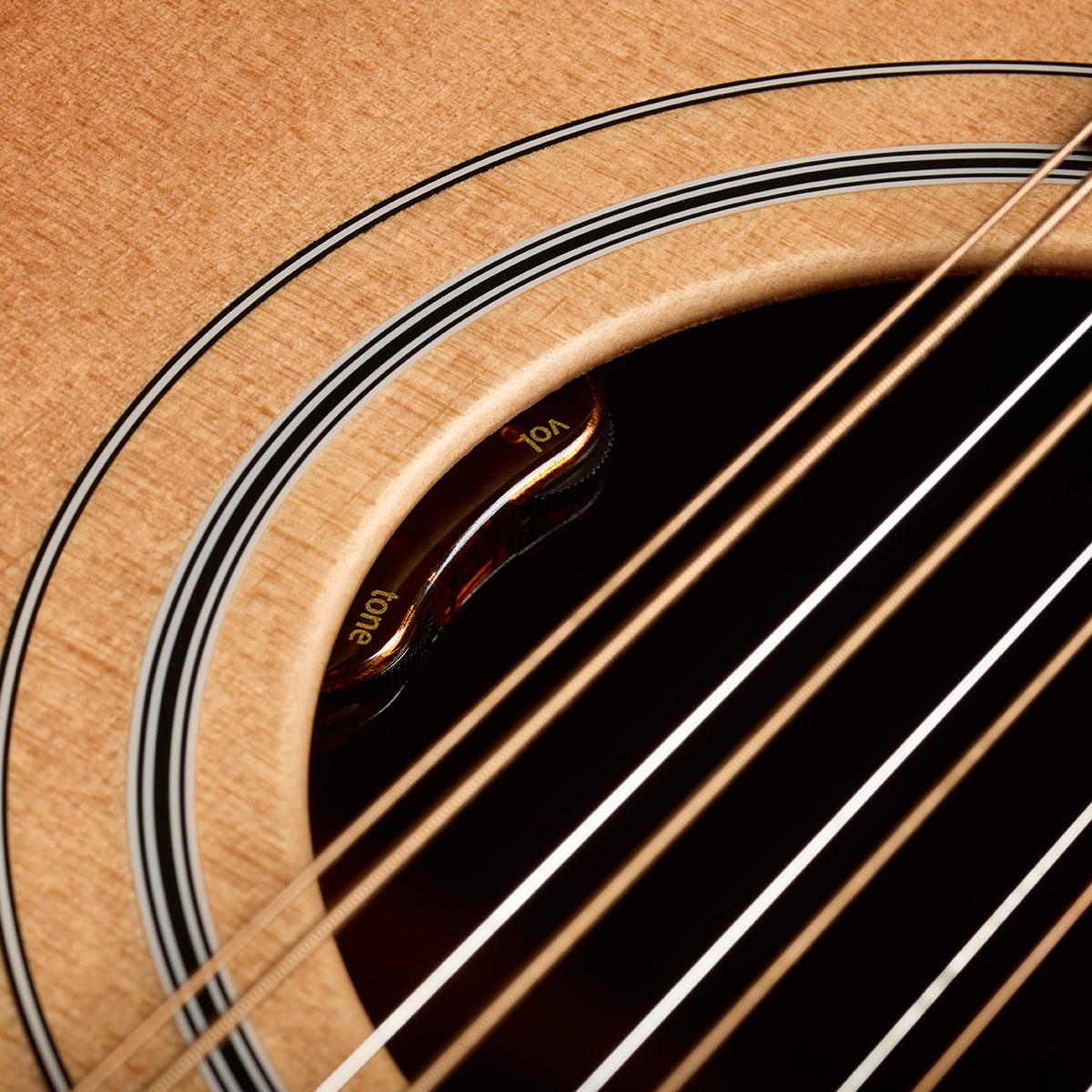 Close-up of F-412E Standard Pacific Sunset Burst soundhole showing L.R. Baggs Element VTC pickup system thumb