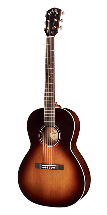 Vertical view of P-250E Memoir Vintage Sunburst acoustic guitar