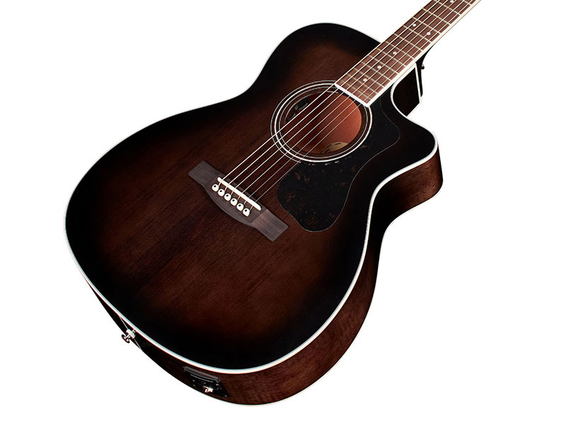 Horizontal front angle body view of OM-260CE DELUXE FLAMED MAHOGANY