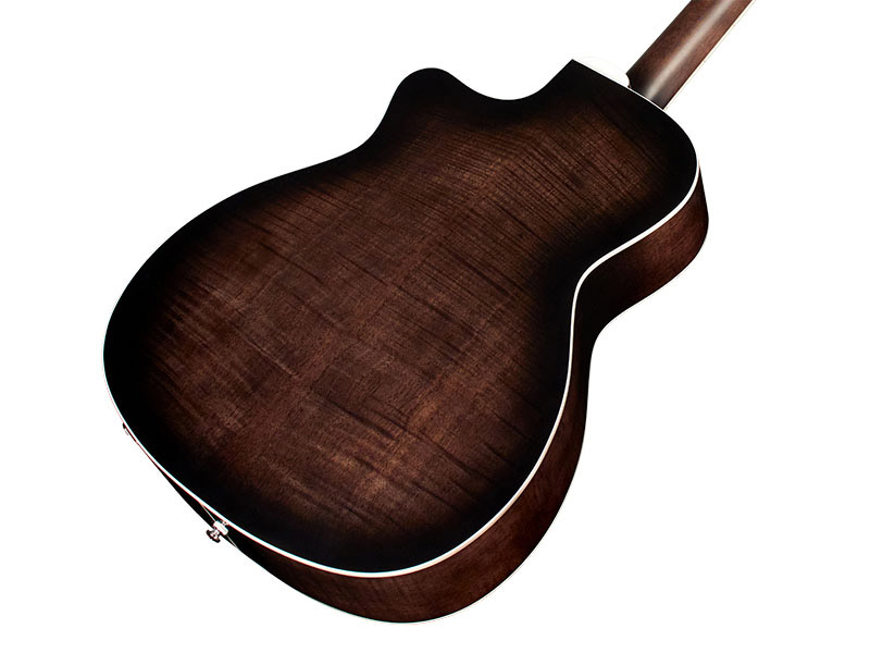 Horizontal back angle body view of OM-260CE DELUXE FLAMED MAHOGANY