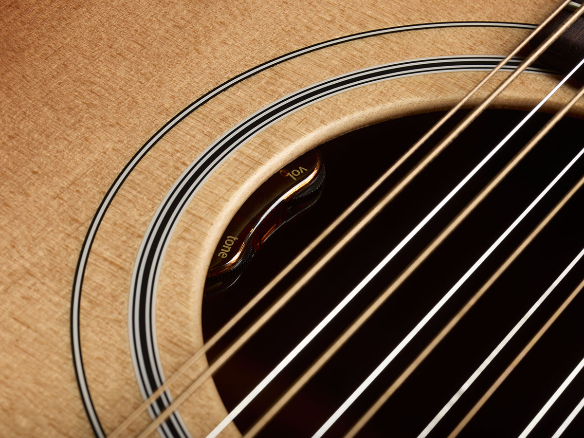 Close-up of F-412E Standard Pacific Sunset Burt soundhole and L.R. Baggs Element VTC pickup system