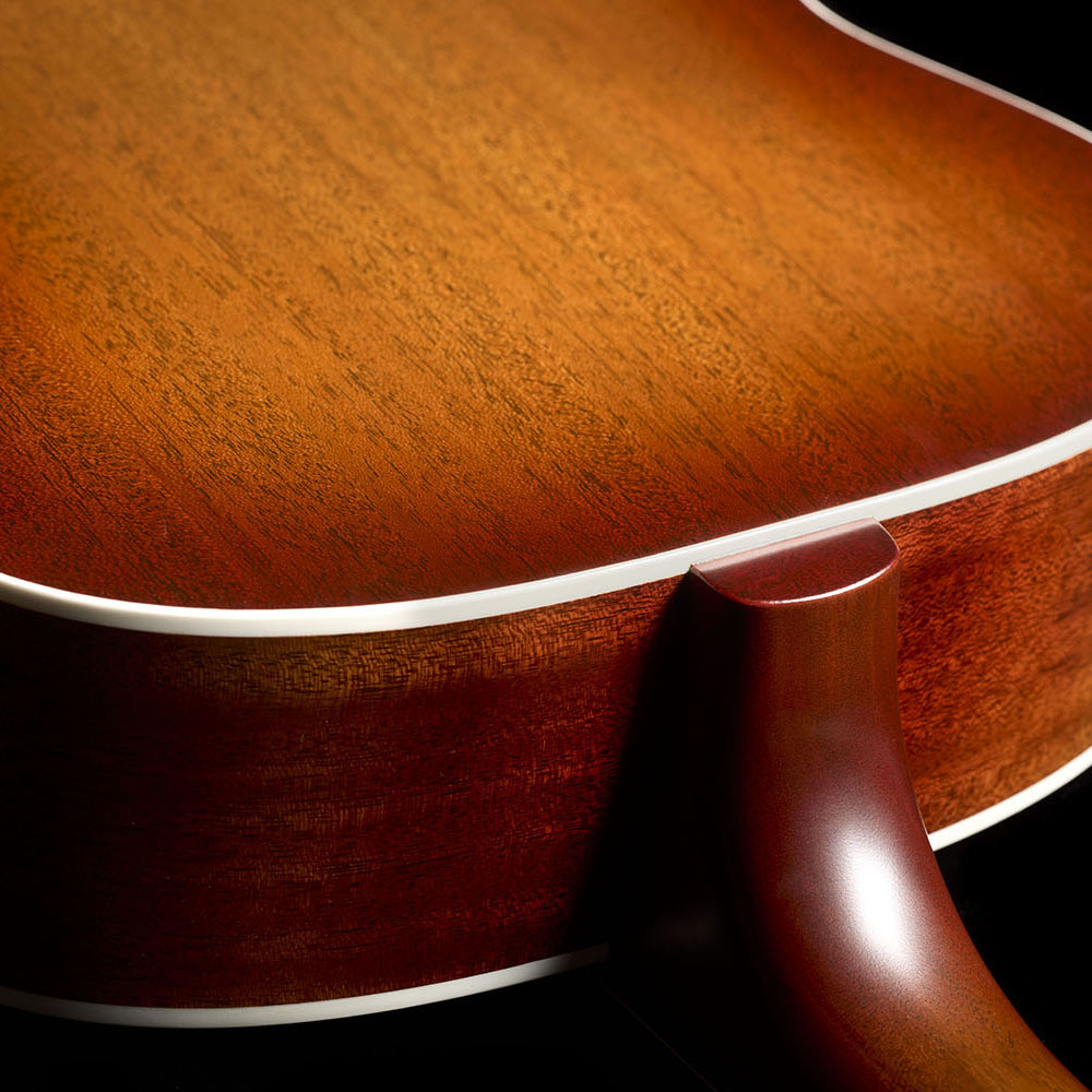 Close-up of F-412 Standard Pacific Sunset Burst neck heel thumb