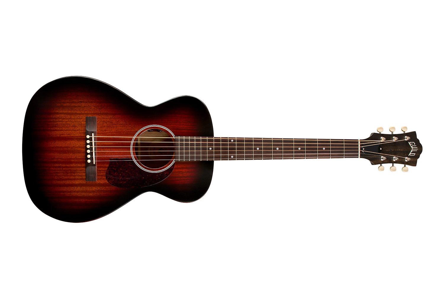 Horizontal front view of M-20E Vintage Sunburst guitar