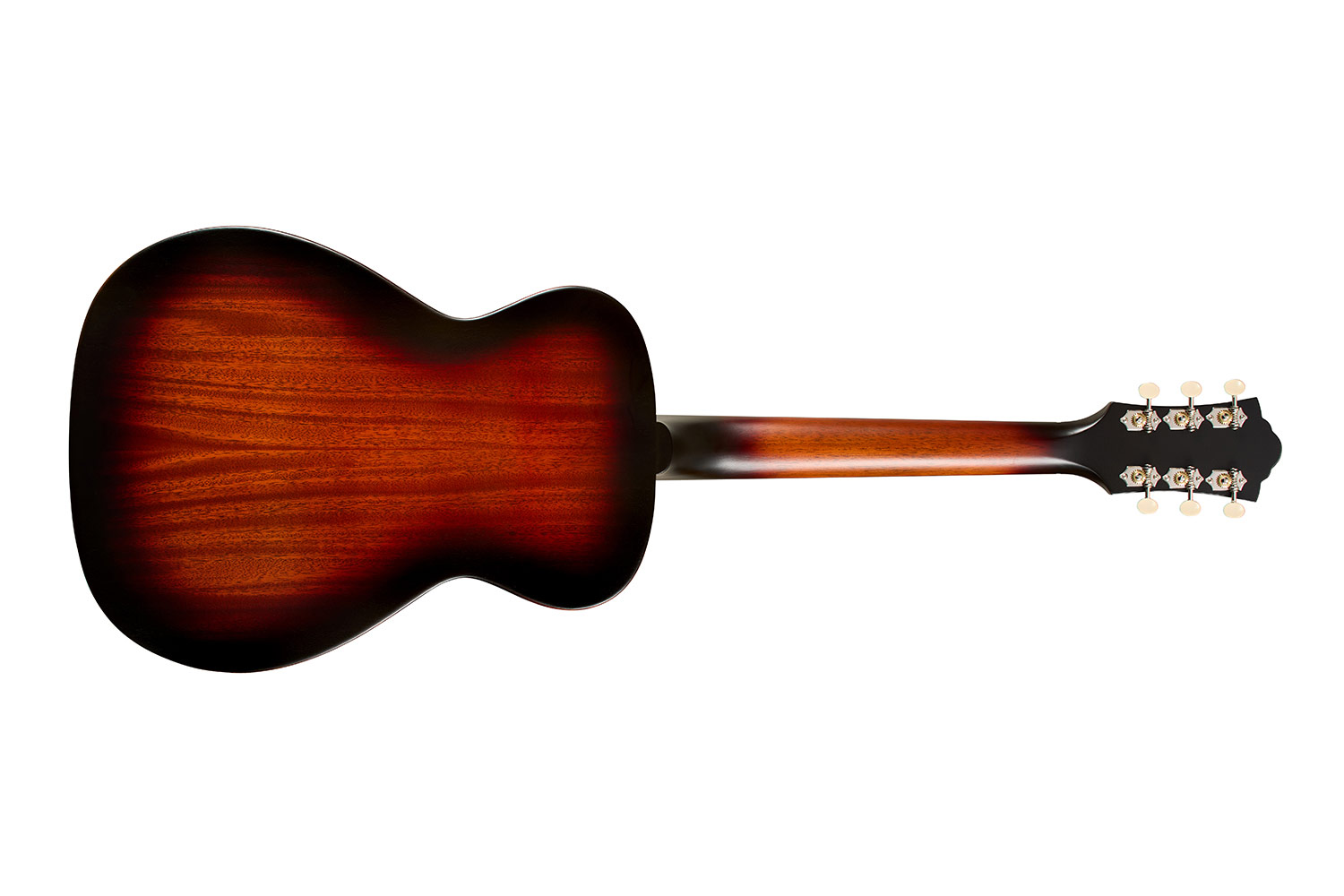 Horizontal back view of M-20E Vintage Sunburst guitar