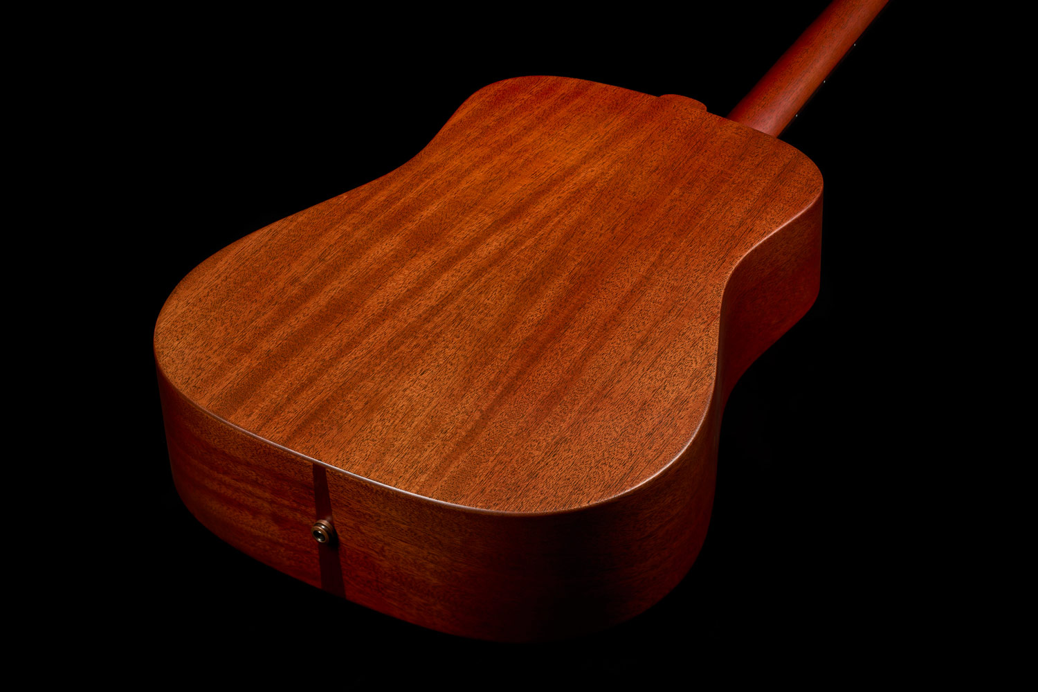 Top down back view of D-20 Natural acoustic guitar body showcasing solid African mahogany back