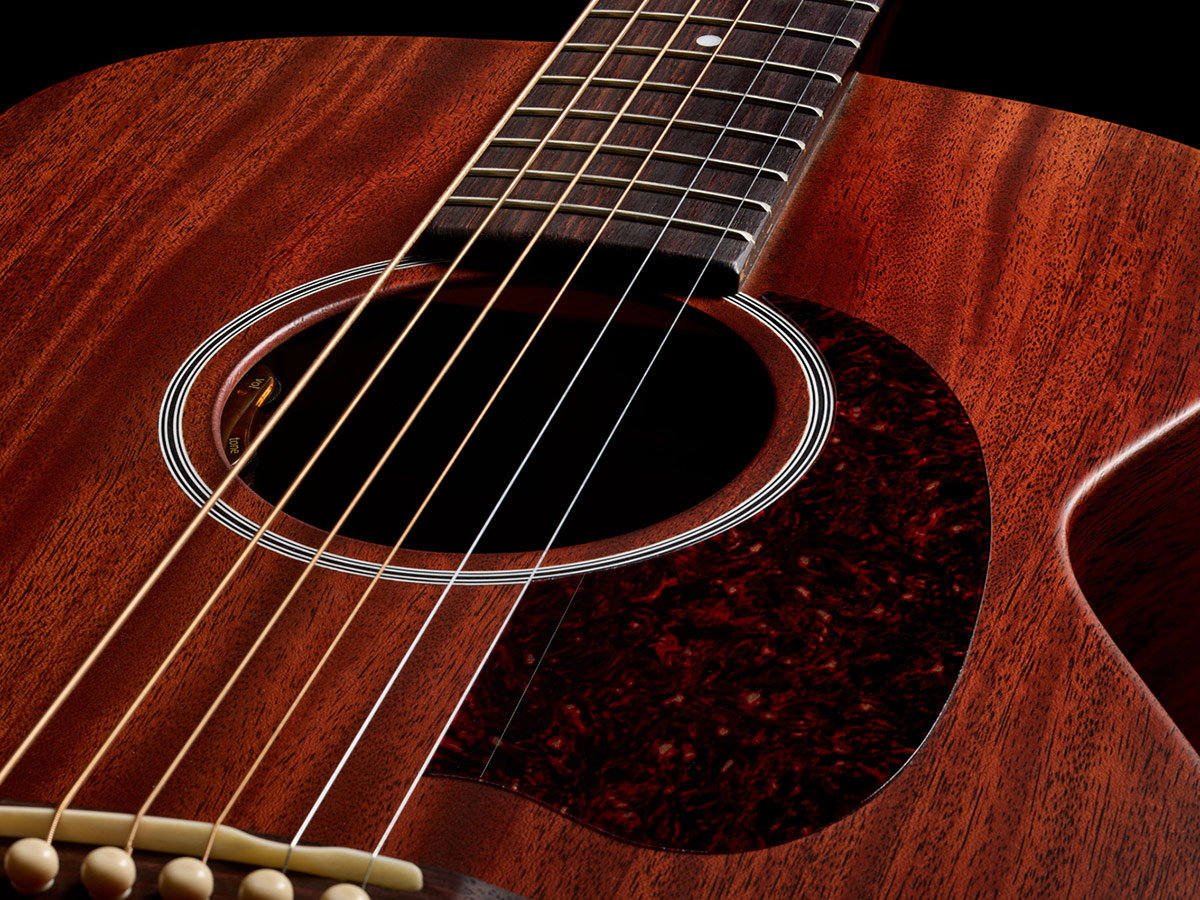 Close-up of M-20E Natural acoustic guitar soundhole showcasing L.R. Baggs Element VTC pickup system