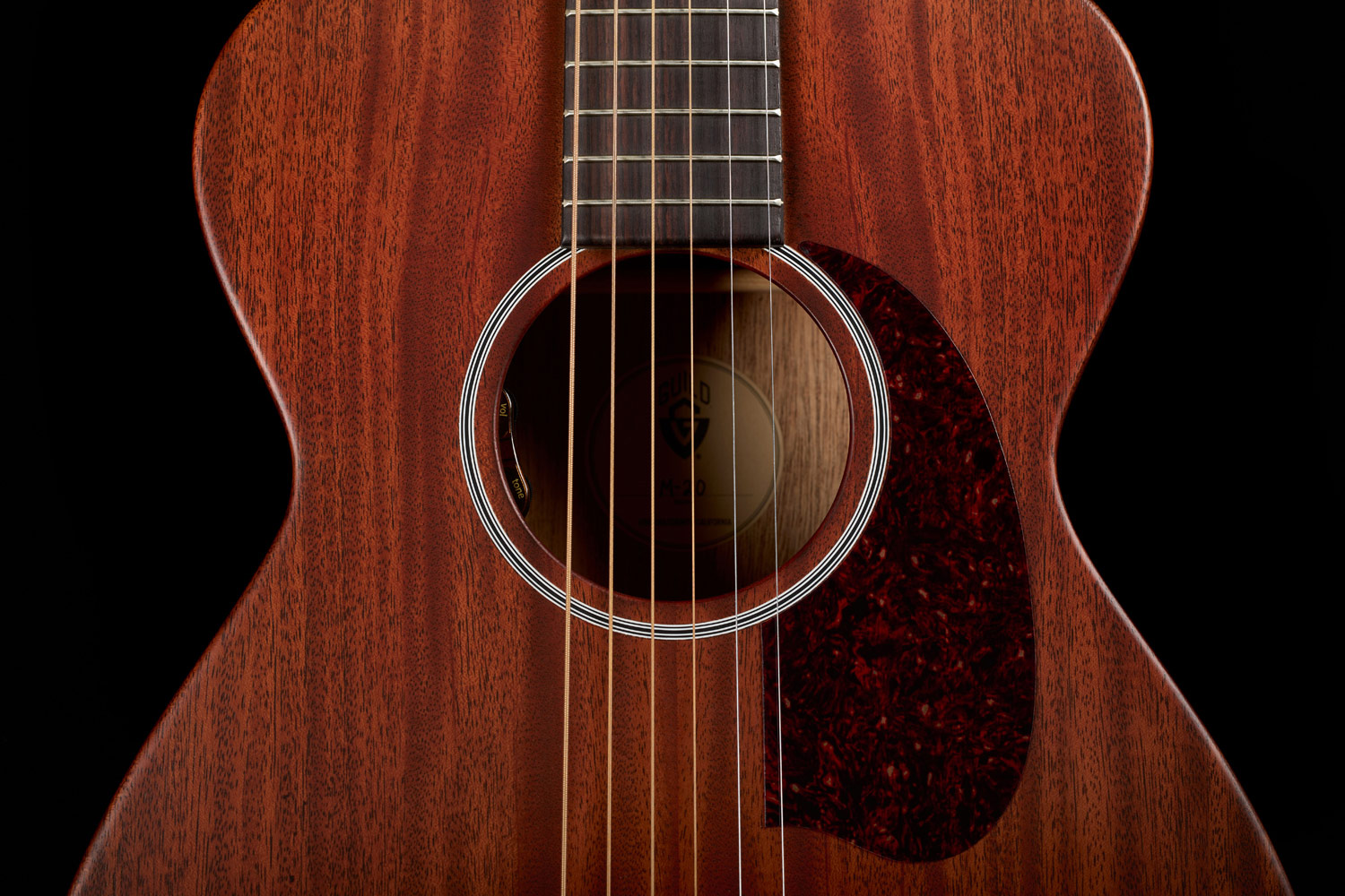 Close-up of M-20E Natural soundhole and pickguard