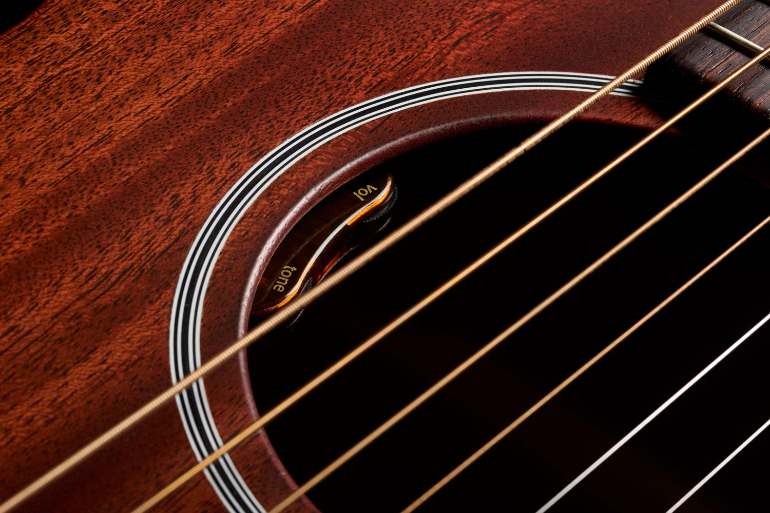 Close-up of M-20E Natural soundhole featuring L.R. Baggs Element VTC pickup system