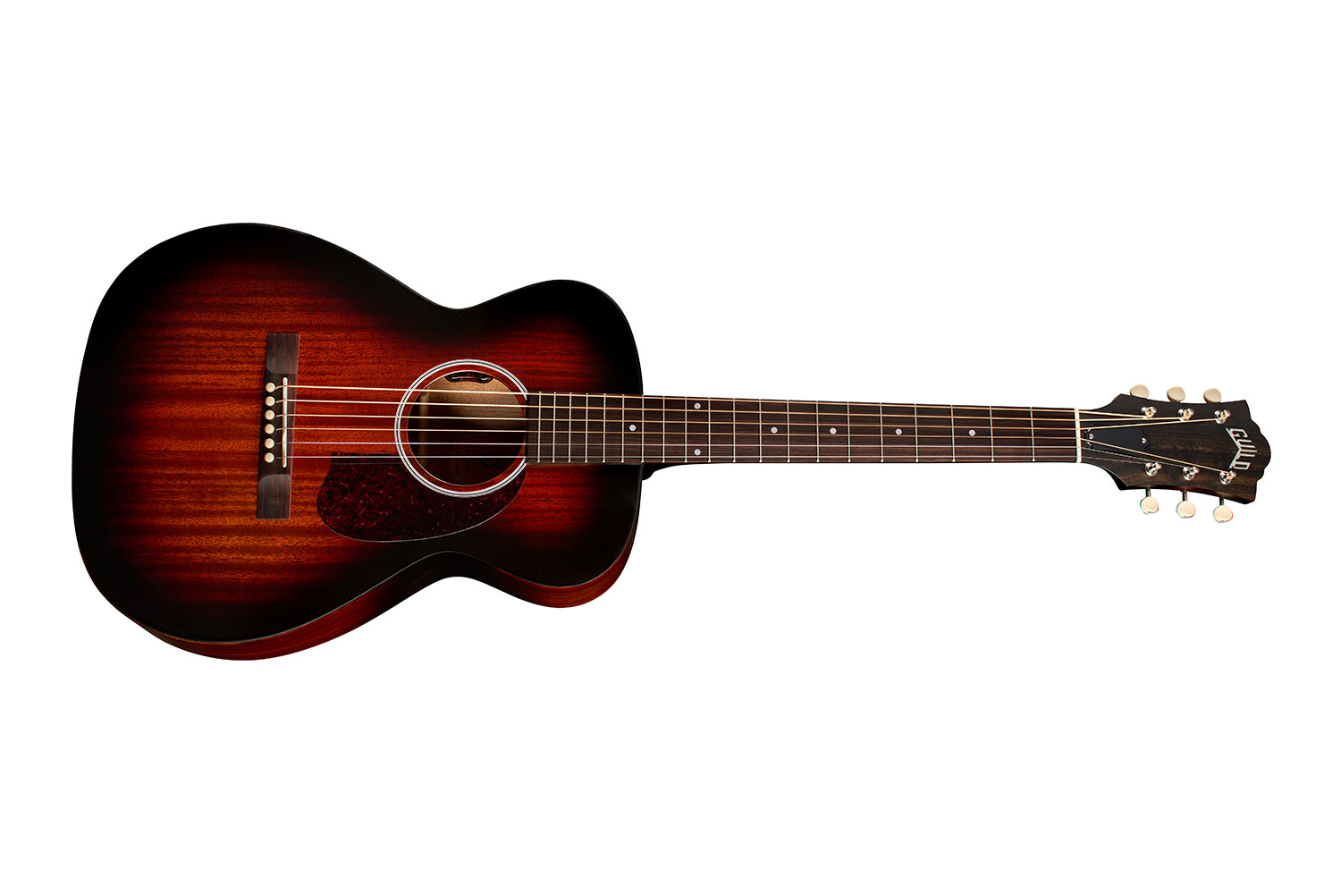 Horizontal side view of M-20E Vintage Sunburst guitar