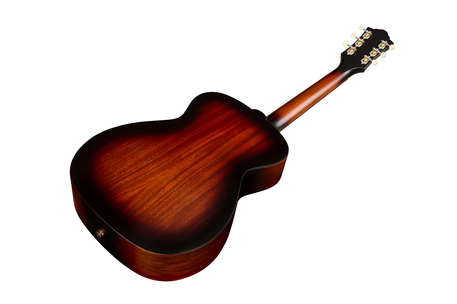 Angled back view of M-20E Vintage Sunburst guitar