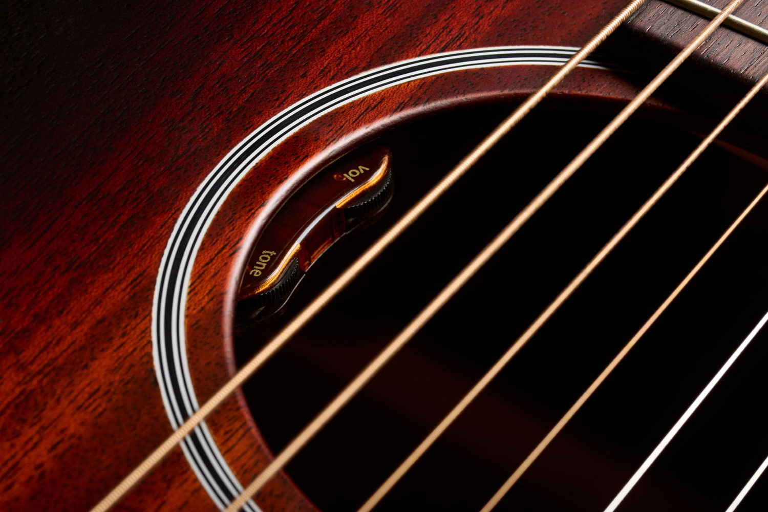 Close-up of M-20E Vintage Sunburst soundhole featuring L.R. Baggs Element VTC pickup system