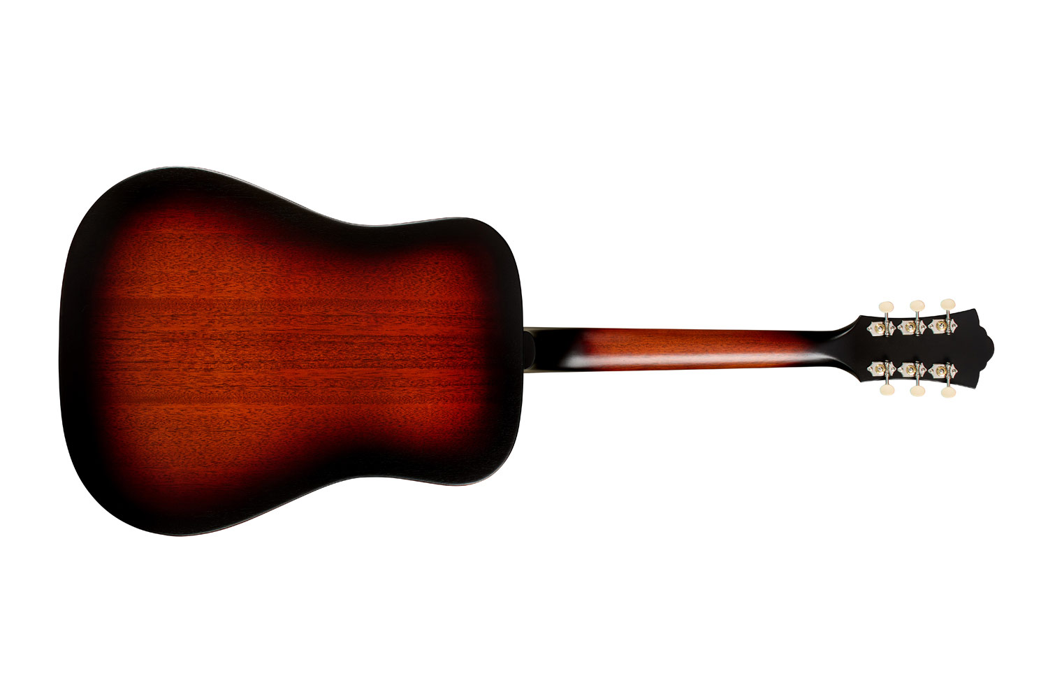 Horizontal back view of D-20E Vintage Sunburst acoustic guitar