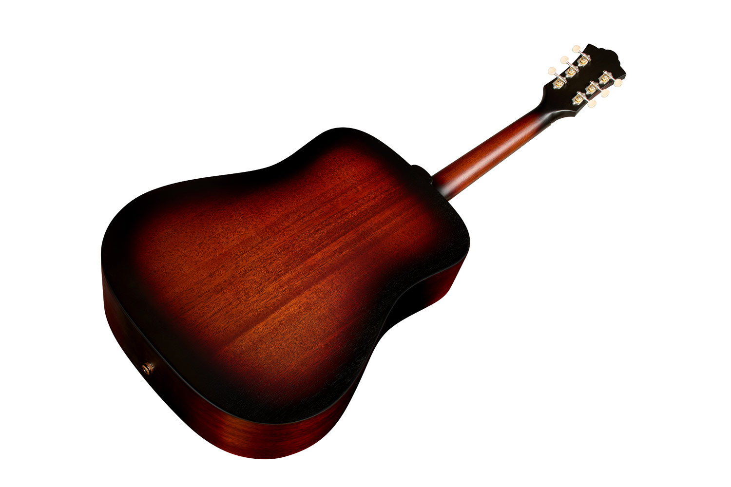 Angled back view of D-20E Vintage Sunburst acoustic guitar
