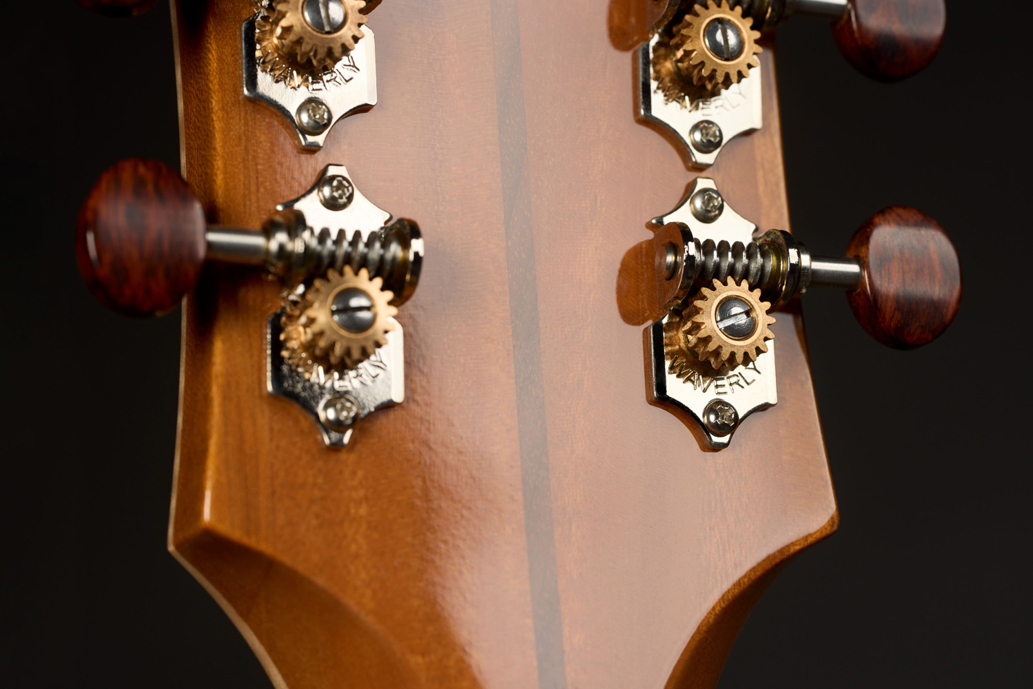 Close-up of VR1 F-40 Au Naturel back of headstock showcasing deluxe tuners with snakewood buttons