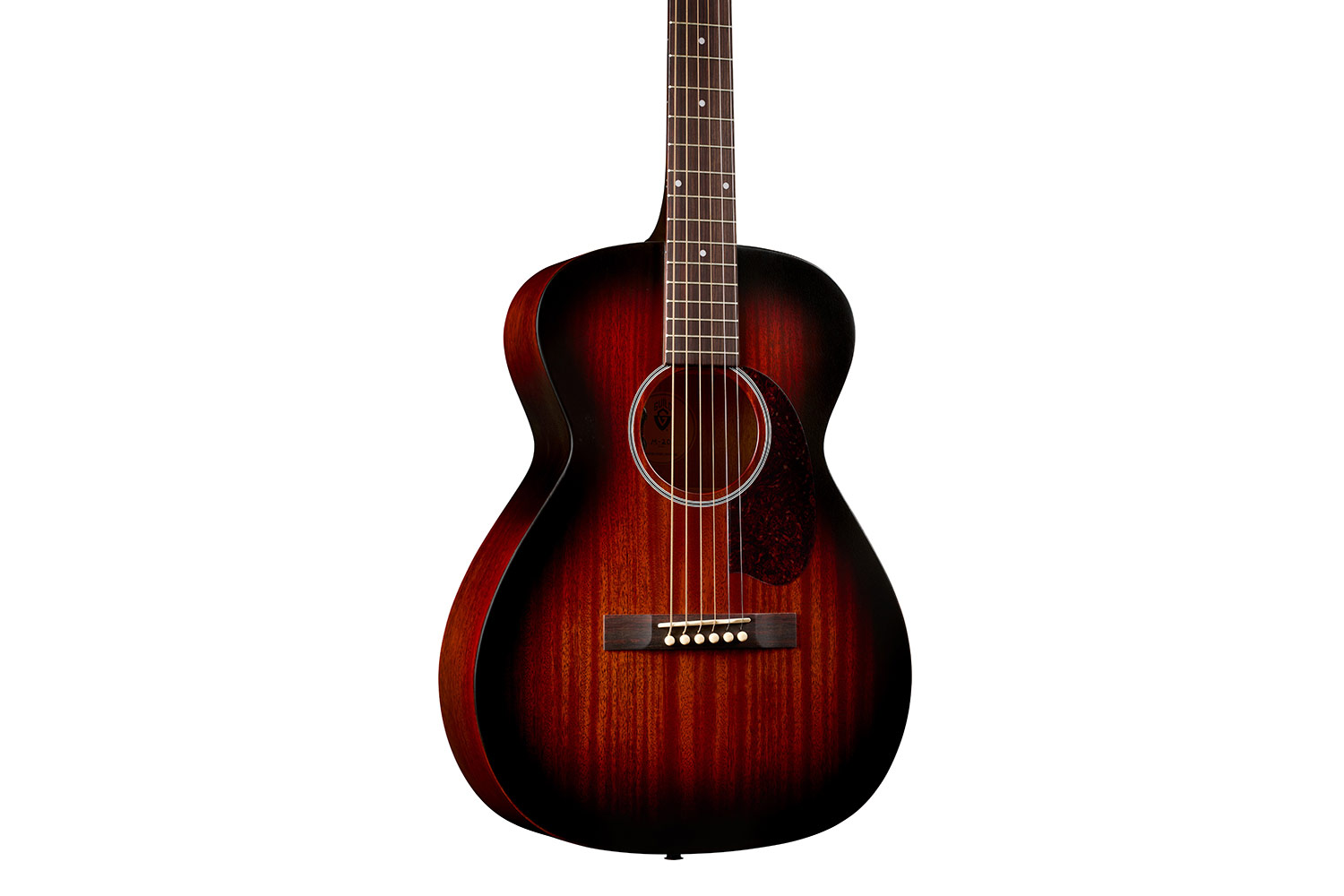 Close-up body view of M-20E Vintage Sunburst guitar