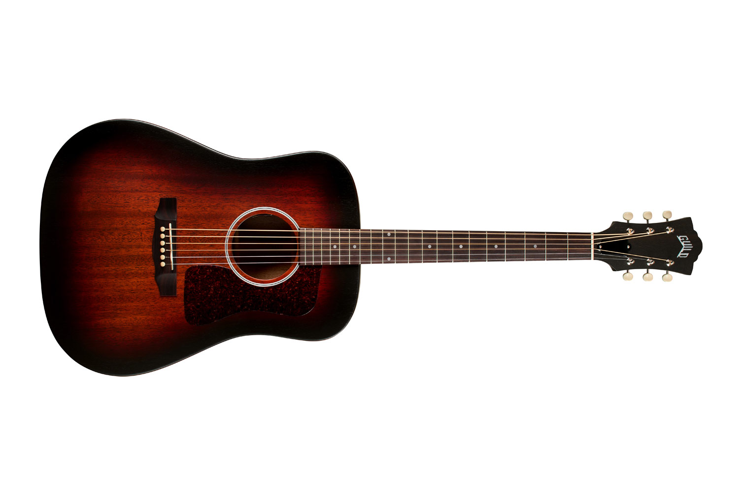 Horizontal front view of D-20E Vintage Sunburst acoustic guitar