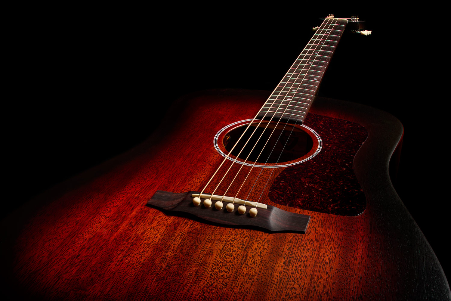 Top down front view of D-20E Vintage Sunburst body