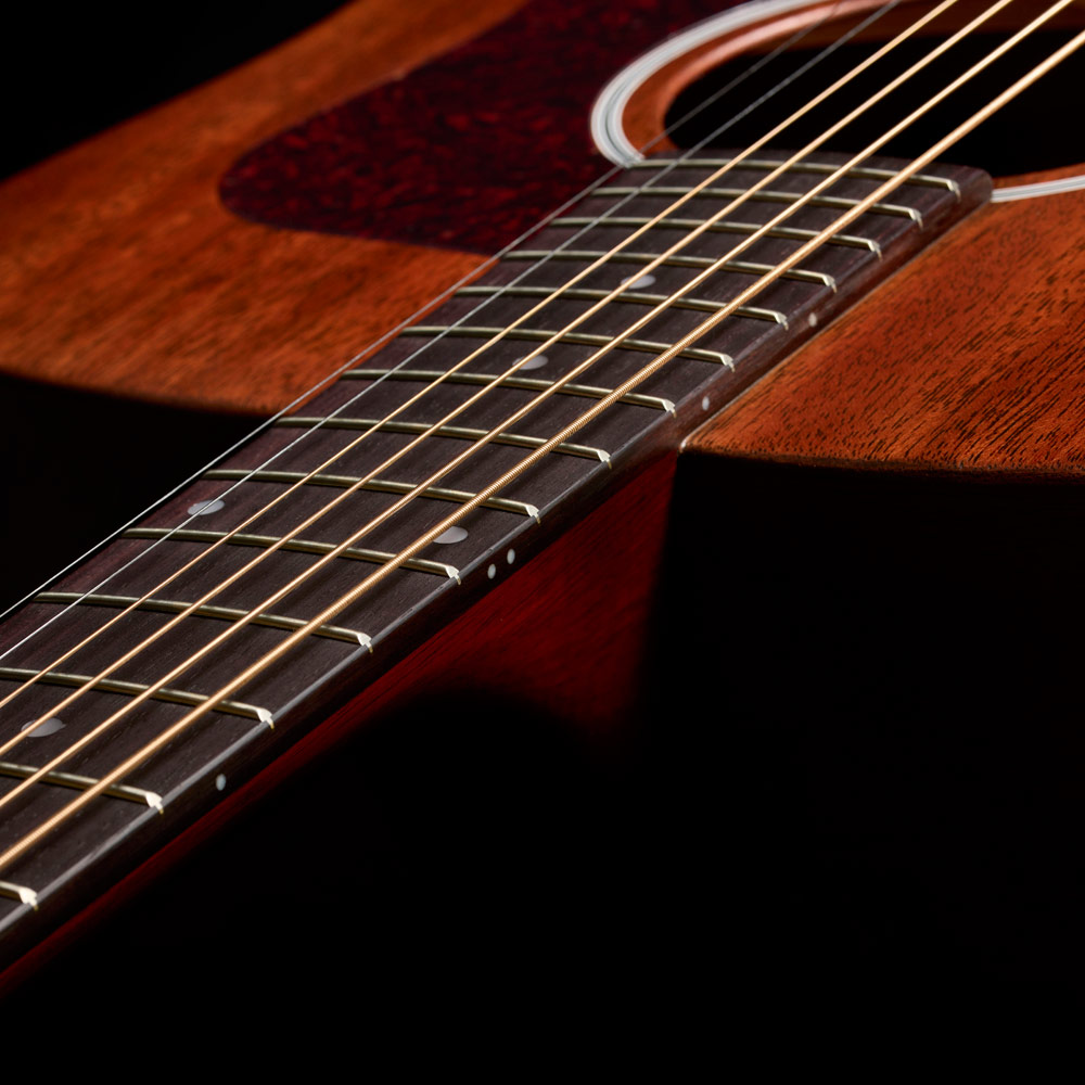 Close-up of D-20 Natural neck and strings thumb