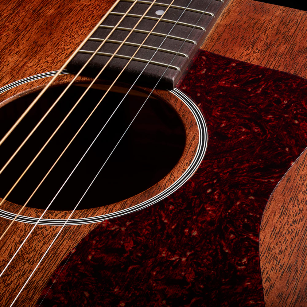 Close-up of D-20E Natural soundhole and pickguard thumb