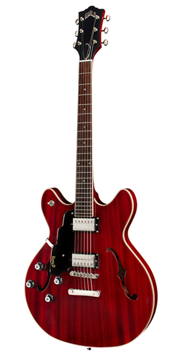 Vertical view of Starfire I DC Cherry Red Left Handed electric guitar