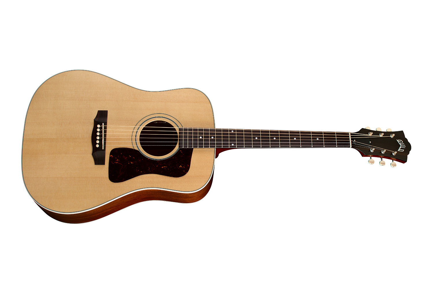 Horizontal side view of D-40E Standard Natural acoustic guitar