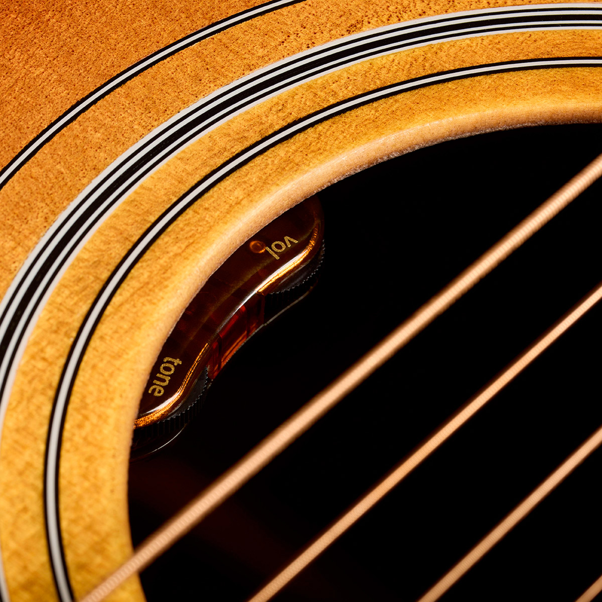 Close-up of D-50E Standard Antique Burst soundhole showcasing the L.R. Baggs Element VTC pickup system thumb