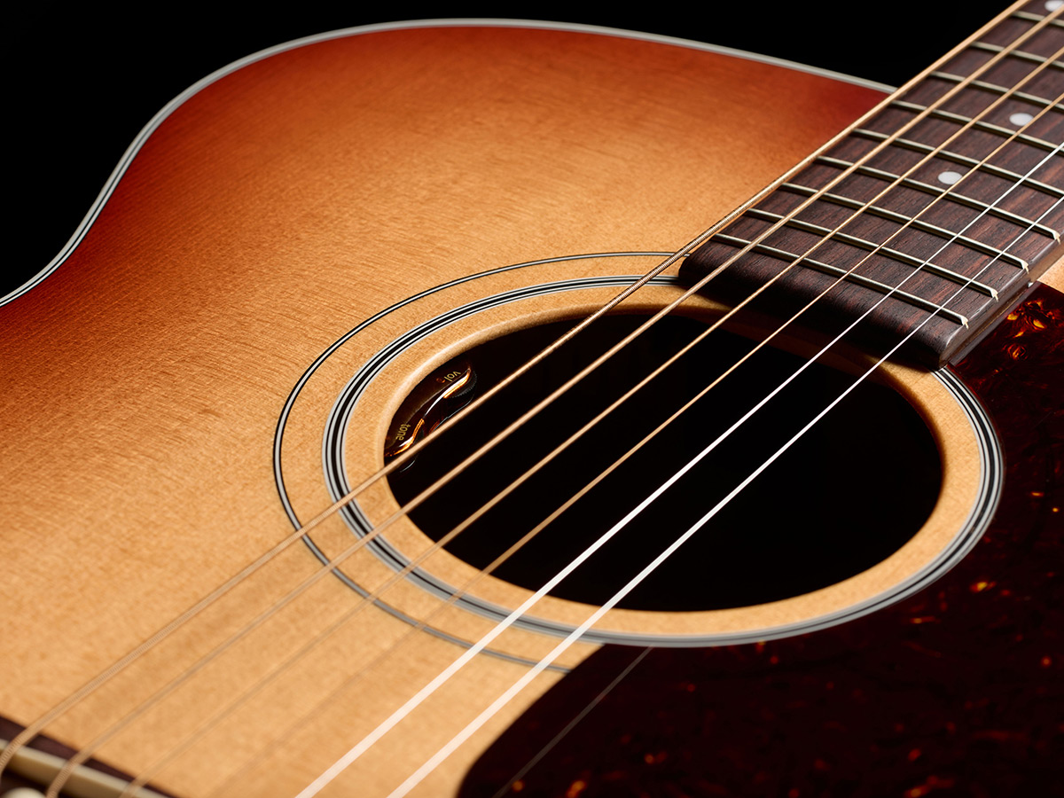 Close-up of F-40E Standard Pacific Sunset burst soundhole showcasing the L.R. Baggs Element VTC pickup system