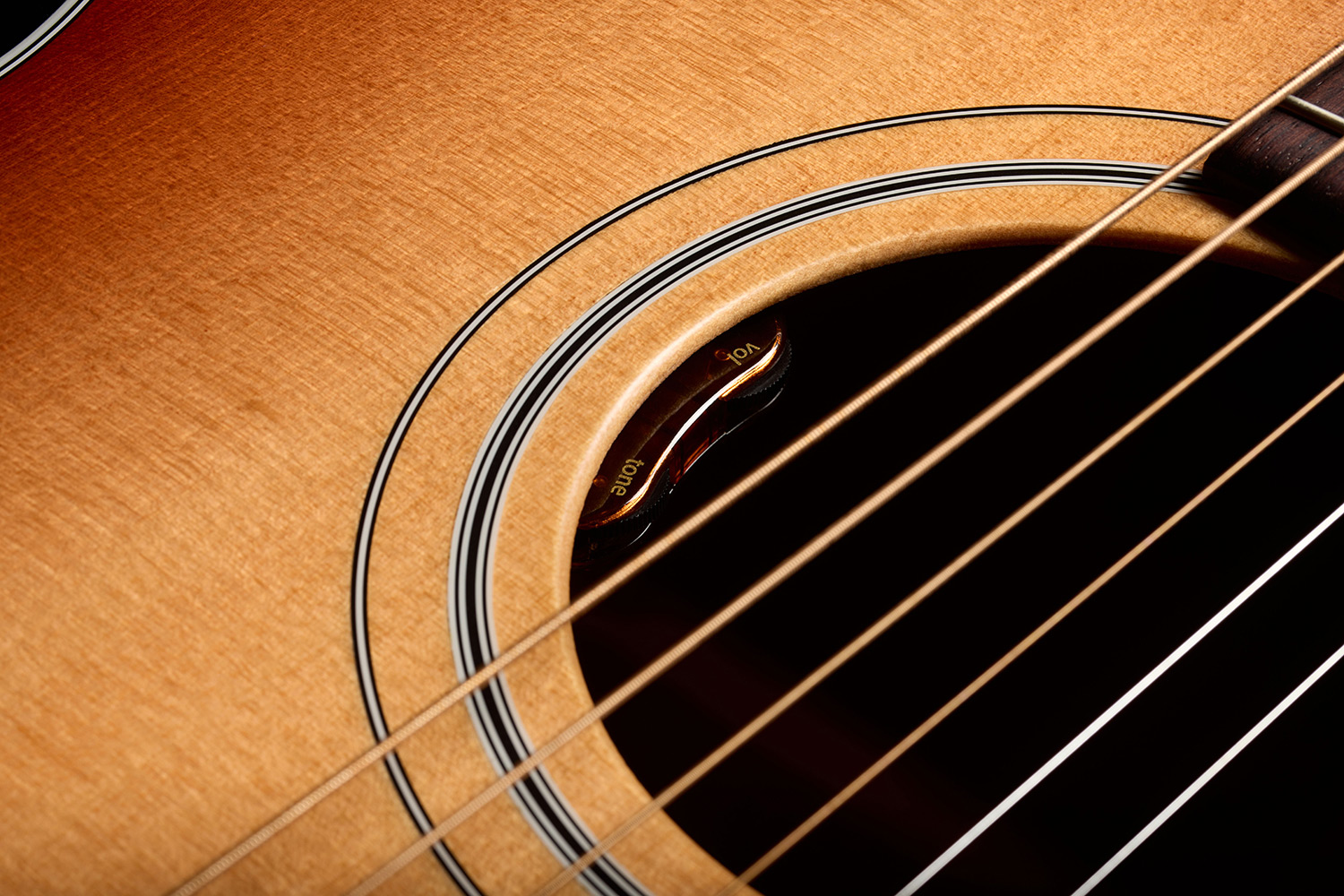 Close-up of F-40E Standard Pacific Sunset burst soundhole showcasing the L.R. Baggs Element VTC pickup system