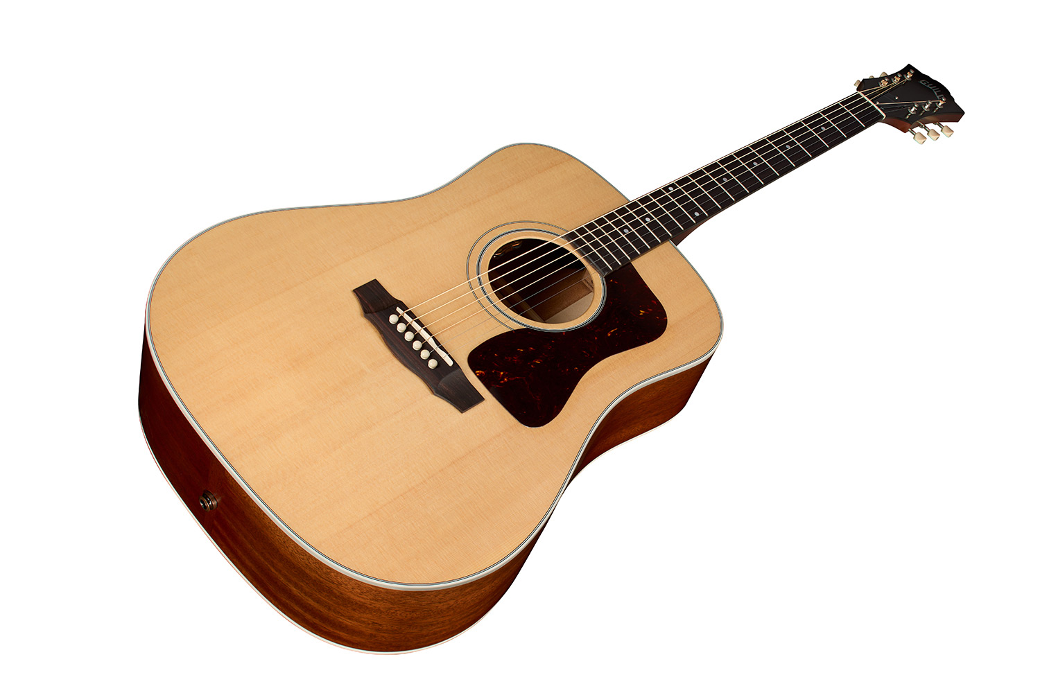 Horizontal angled front view of D-40E Standard Natural acoustic guitar