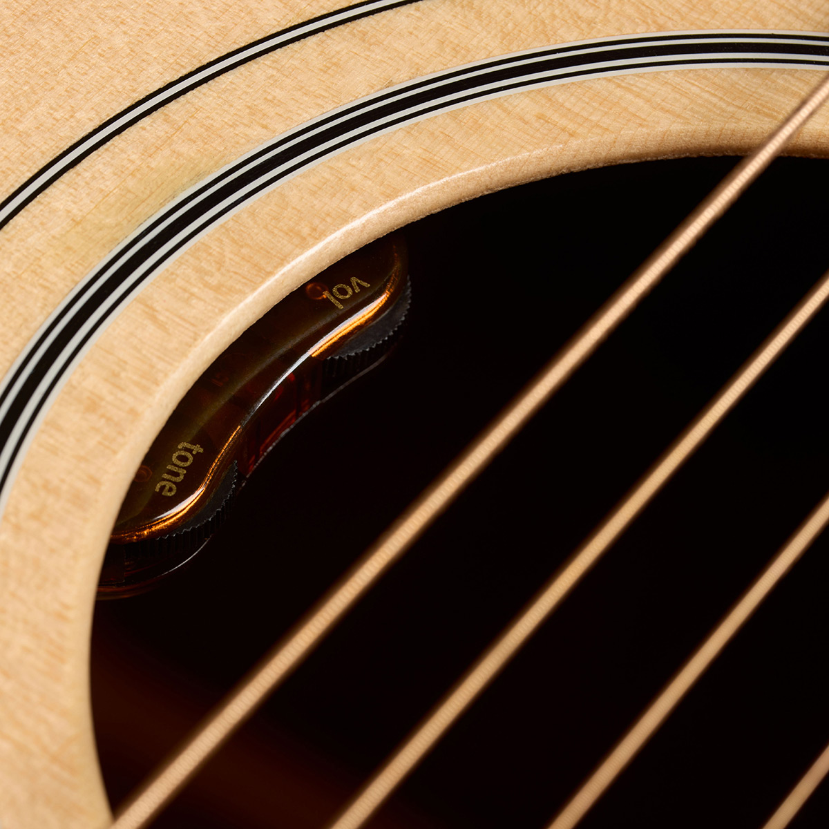Close-up of D-40E Standard Natural soundhole showcasing the L.R. Baggs Element VTC pickup system thumbnail