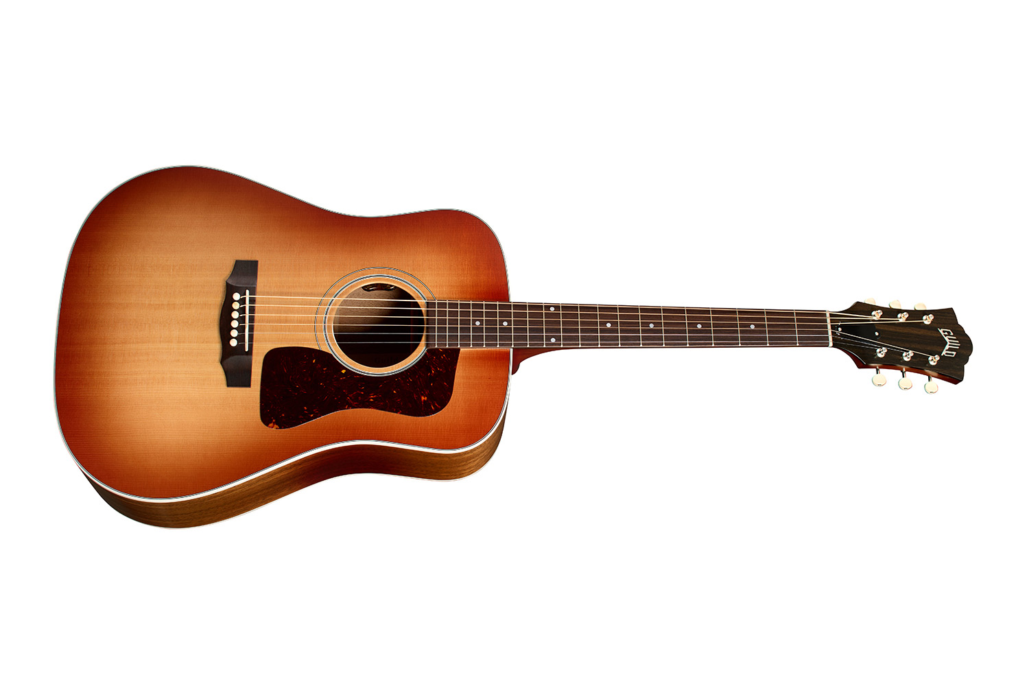 Horizontal side view of D-40E Standard Pacific Sunset Burst acoustic guitar