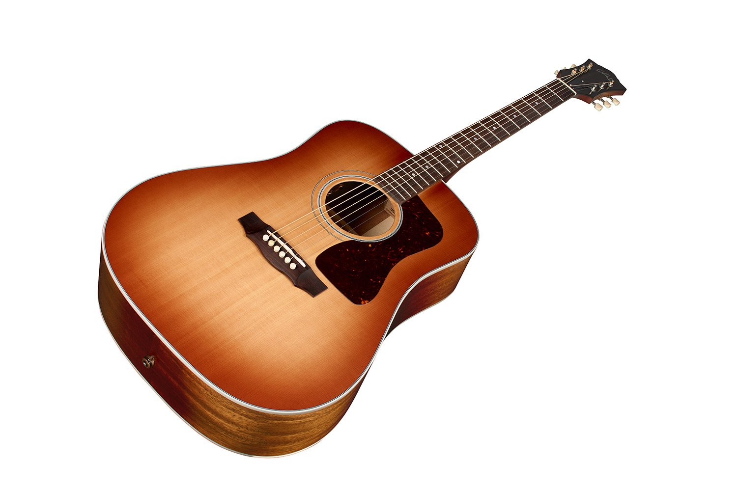 Horizontal angled front view of D-40E Standard Pacific Sunset Burst acoustic guitar