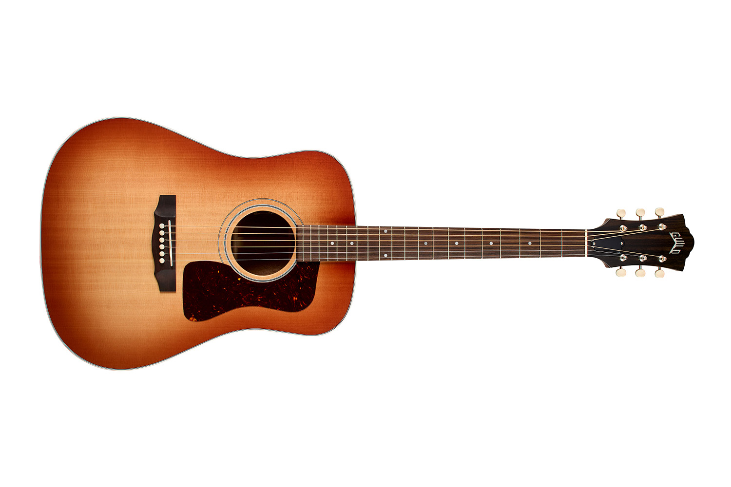 Horizontal front view of D-40E Standard Pacific Sunset Burst acoustic guitar