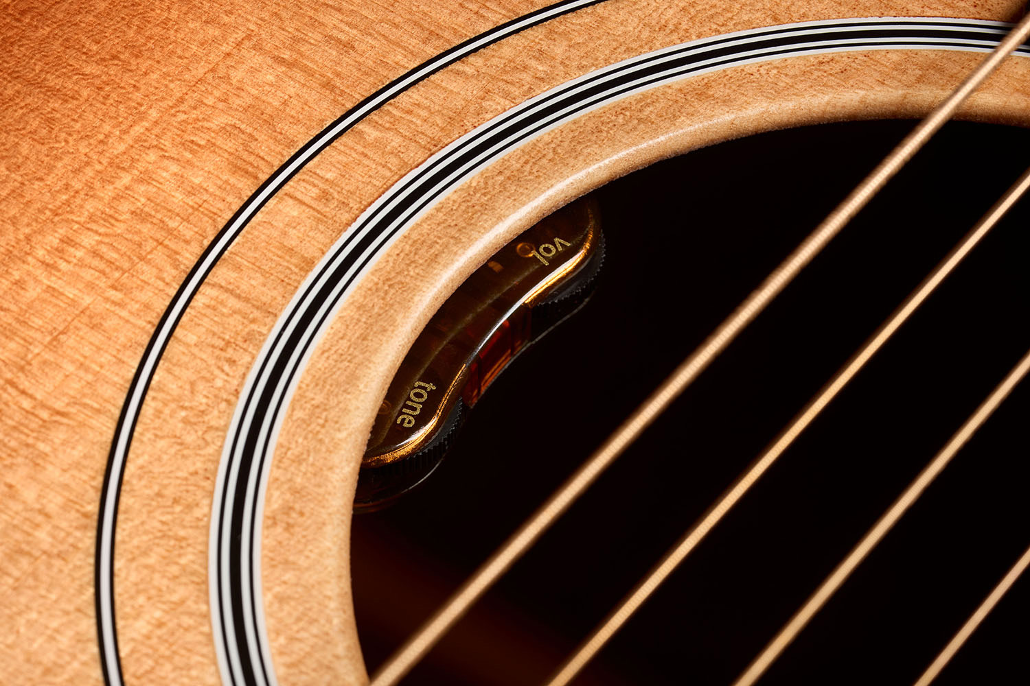 Close-up of D-40E Standard Pacific Sunset Burst soundhole showcasing L.R. Baggs Element VTC pickup system