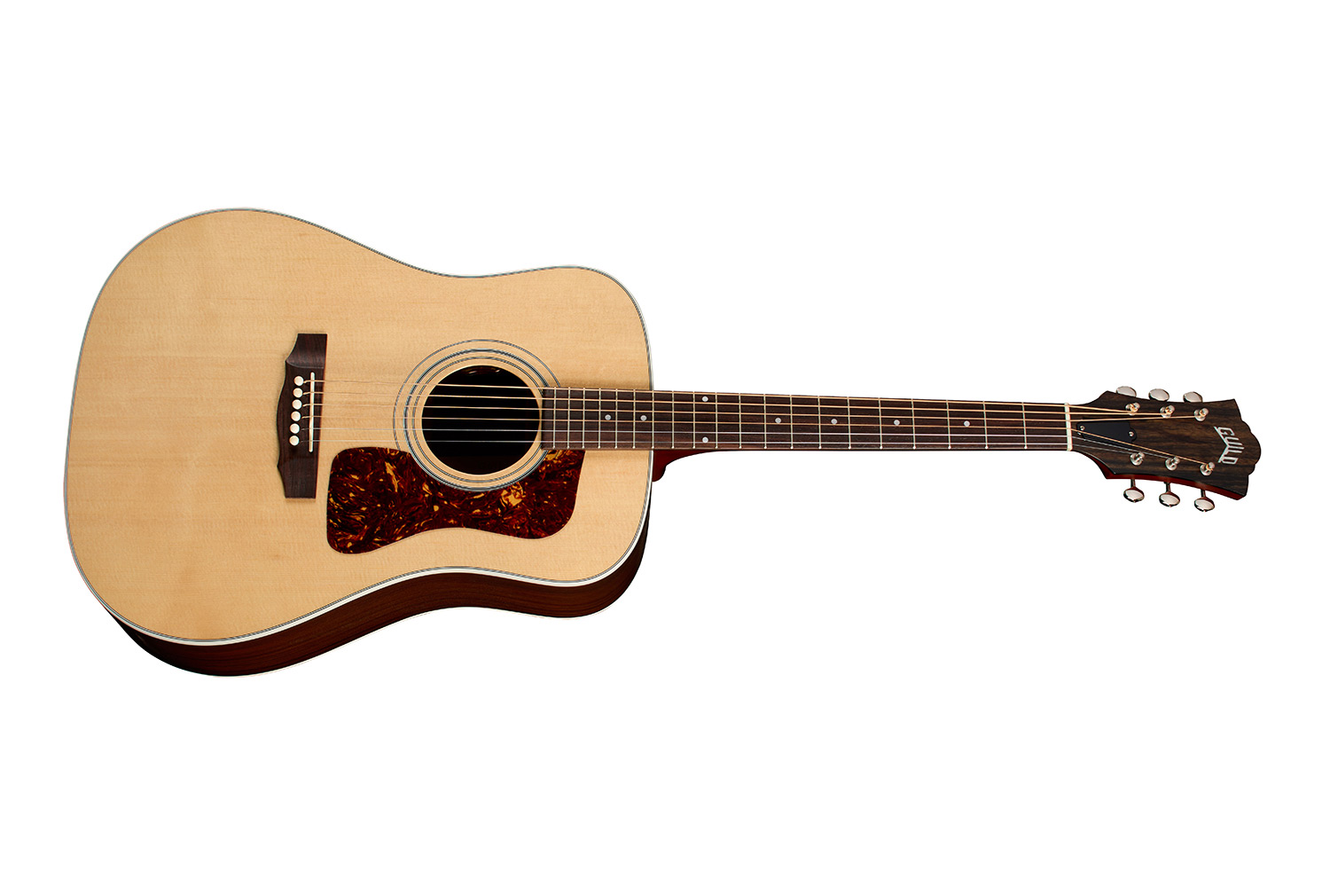 Horizontal side view of D-50E Standard Natural acoustic guitar