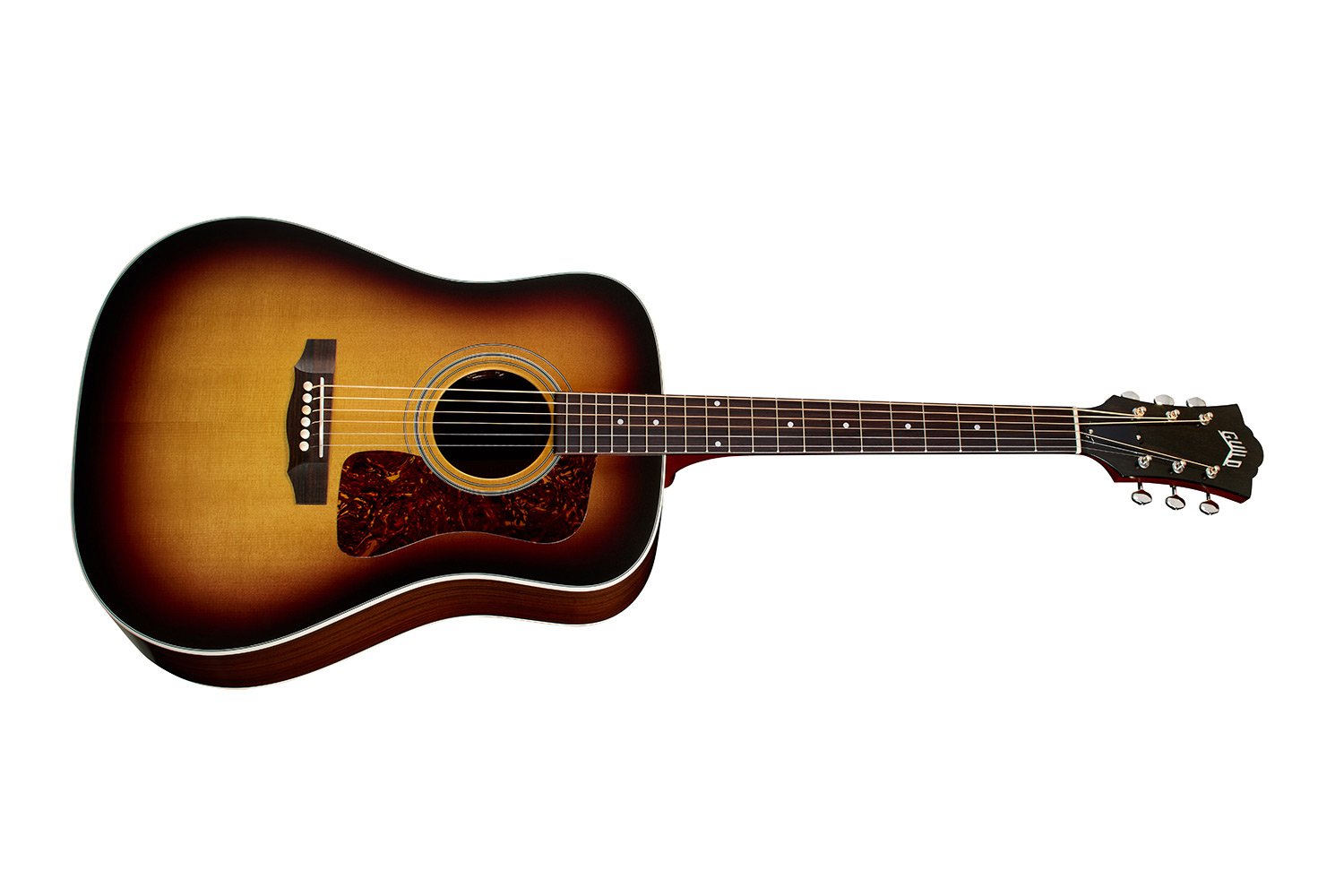 Horizontal side view of D-50E Standard Antique Burst acoustic guitar