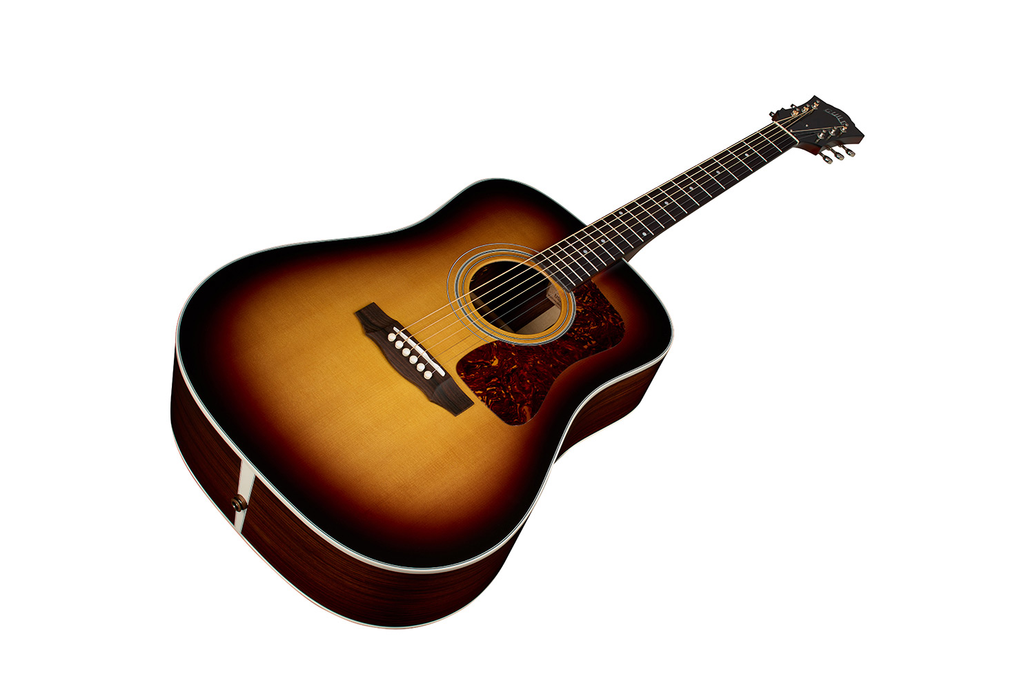 Angled front body view of D-50E Standard Antique Burst acoustic guitar