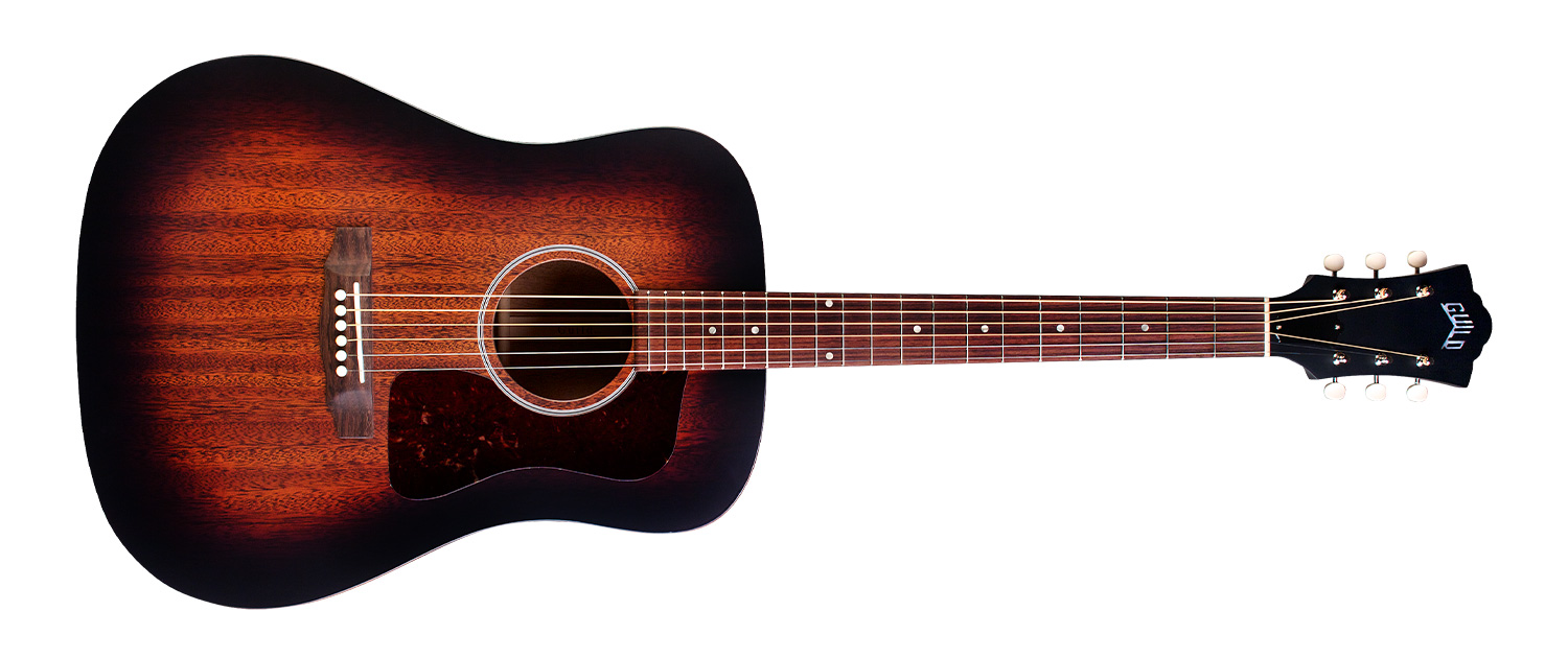 Horizontal front view of D-20 Vintage Sunburst acoustic guitar