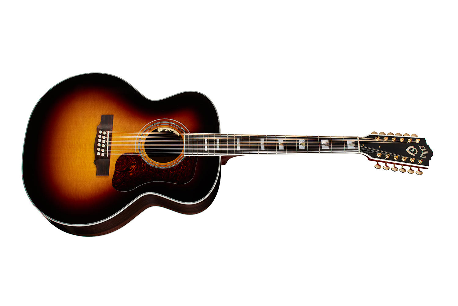 Horizontal front angle view of F-512 Antique Burst guitar