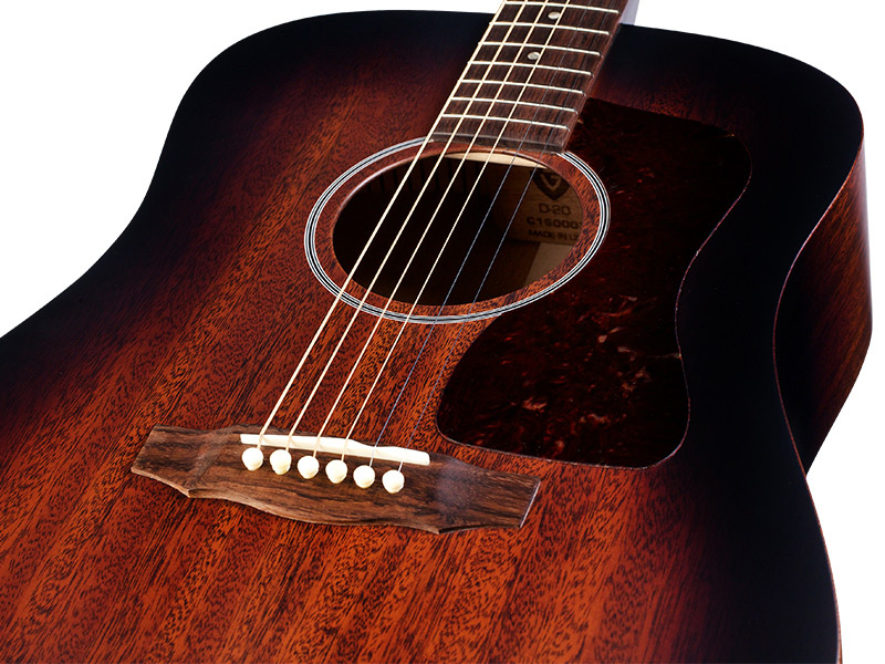 Horizontal back view of D-20 Vintage Sunburst acoustic guitar
