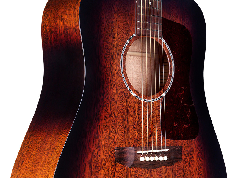 Horizontal back view of D-20 Vintage Sunburst acoustic guitar