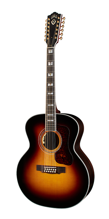 Vertical view of F-512E Antique Burst guitar